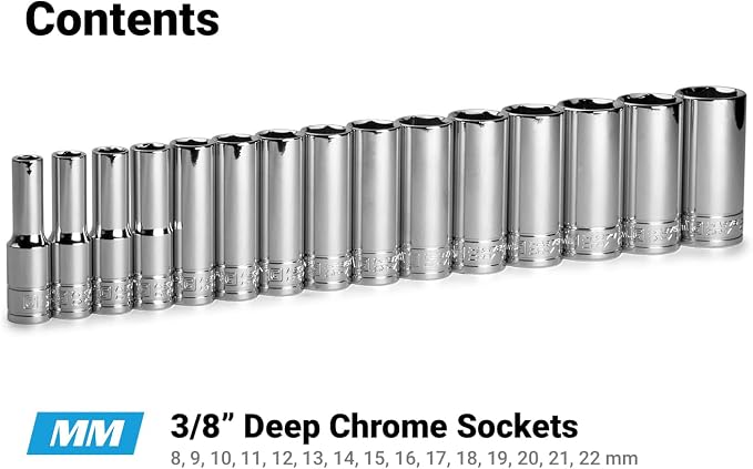 Capri Tools 3/8 in. Drive Deep Chrome Socket Set, 6-Point, 8 to 22 mm, 15-Piece