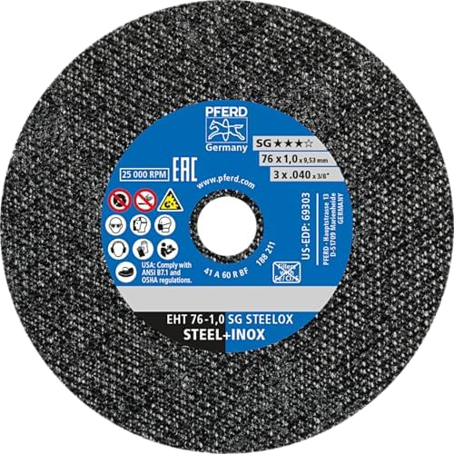 PFERD SG STEELOX Type 1 Die Grinder Cut-Off Wheel, 3" x 0.035" x 3/8", Aluminum Oxide, 60 Grit, 25,000 RPM – Die Grinder Discs for Metal Cutting (Pack of 50) – Part 69303