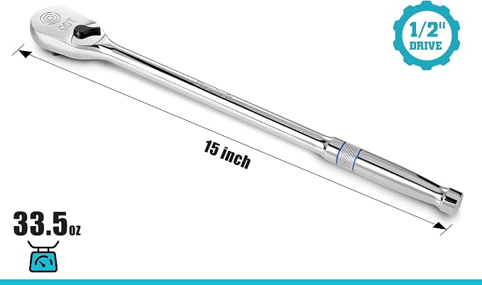 DURATECH Extra Long Handle 1/2-Inch Drive Ratchet, 90-Tooth Ratchet Wrench | Socket Wrench with 15" Handle and Dust Proof Teardrop Enclosed Head, Reversible, CR-V Steel Made, CR-MO Head, Full Polished