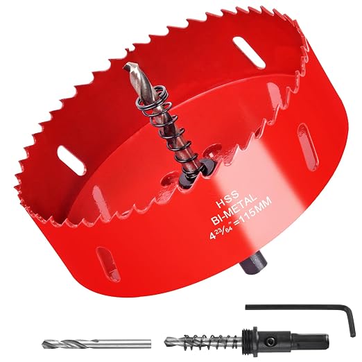 4-23/64 Inch / 115mm Hole Saw for Wood, Plastic Board, Ceiling,Drywall, and Metal Sheet - HSS Bi-Metal Hole Cutter with Pilot Drill Bit