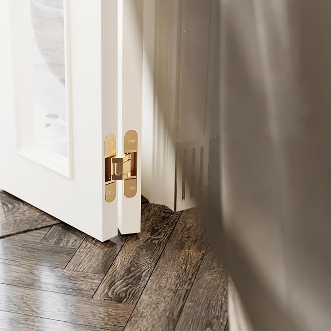 YAGU 3 Way Adjustable Invisible Door Hinge Concealed Hidden 180 Degree Swing Hinge Zinc Alloy Butt Hinge 6.5 * 3.2 * 1.1 Inch, Matte Gold(1 Piece)