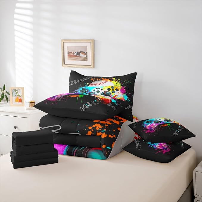 Erosebridal Game Consoles 7 Piece Comforter Set Full Bed in a Bag,Baseball Bedding Set,Gamer Comforter and Sheet Set Rainbow Tie Dye Bed Set,Gaming Decor for Boys Bedroom Decor Gamer Gifts