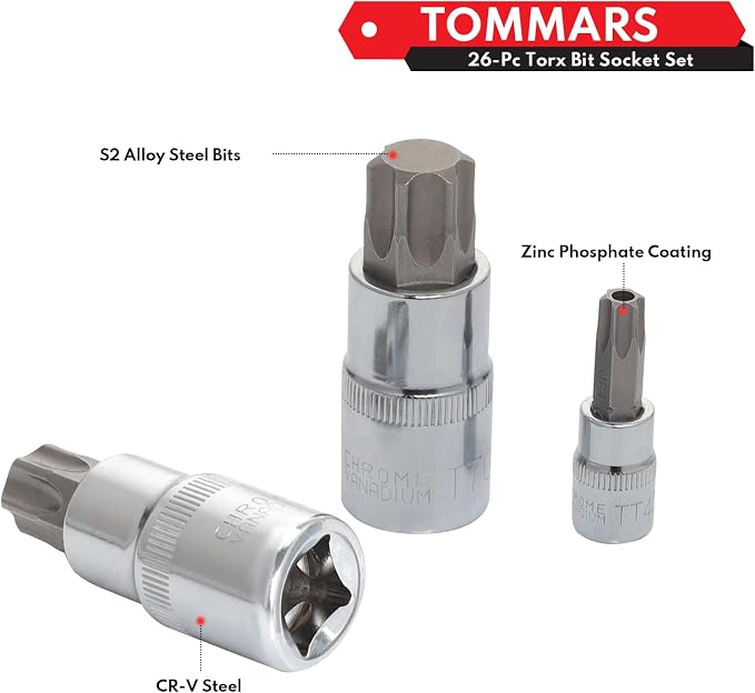 TOMMARS 26-PC Torx Socket Set, Torx Star Tamper Proof Security Bit | T10-T70 & TT10-TT70,1/4", 3/8", 1/2" Drive, S2 Steel Bits, CRV Sockets