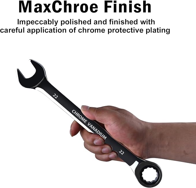 Egofine 22mm Ratcheting Combination Wrench Metric, Industrial Grade Gear Spanner with 12-Point Design, 72-Tooth Ratchet, Chrome Vanadium Steel