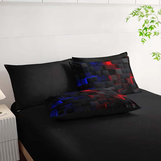 Nttopship Red and Blue Checkered Comforter Set Twin Honeycomb Bedding Sets,Light Honeycomb Bedding Set 7 Piece in A Bag,Bed Sheet Set Geometry Decor,Microfiber Lightweight All Season