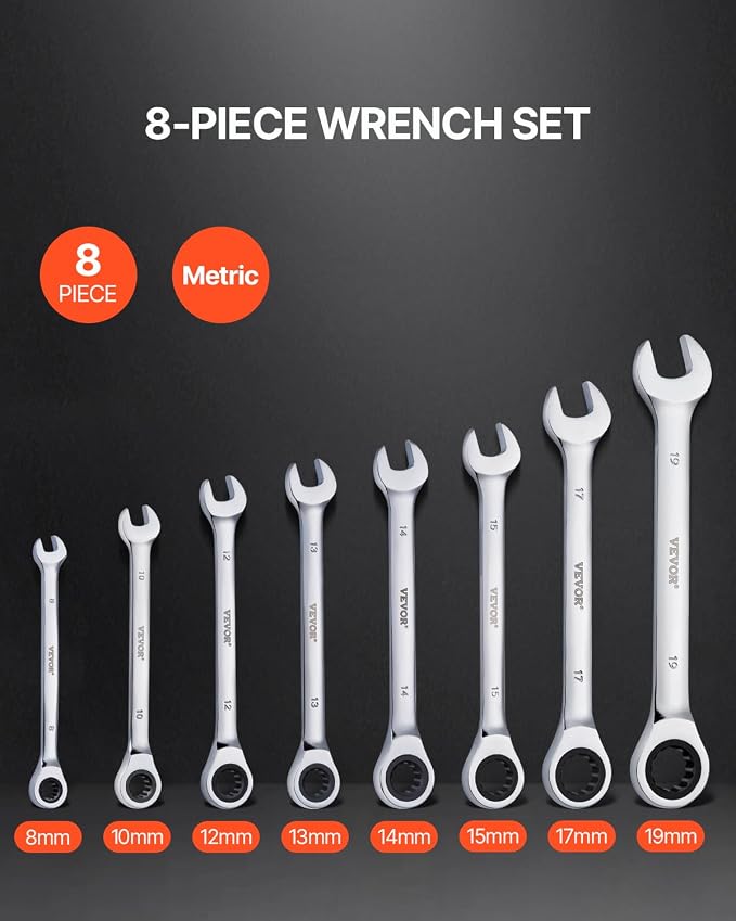 VEVOR Combination Wrench Set, 8-Piece Ratcheting Wrench Set with Organizer Rack, Cr-V Steel, Metric 8 mm to 19 mm, Ideal for General Household, Garage, Workshop, Auto Repairs, Emergency