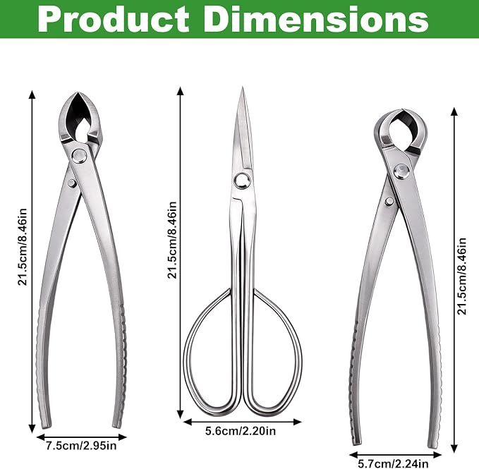 3pcs Bonsai Tool, Professional Stainless Steel Bonsai Trimming Kit with Knob Cutter Concave Cutter Leaf Scissors for Precision Pruning Shaping and Plant Care