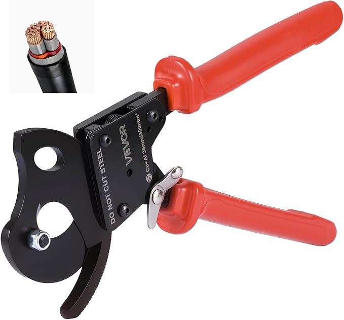 VEVOR Ratcheting Cable Cutter, Spring Steel Blades with PVC-Coated Handles, Quick-Release Button, Heavy Duty Ratchet Cable Wire Cutter for Cutting Copper & Aluminum Cables Up to 600 MCM / 300 mm²