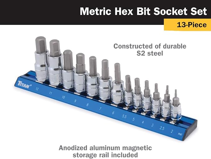 Titan 16124 13-Piece Metric Hex Bit Socket Set, Magnetic Socket Organizer with Laser-Etched Size Markings