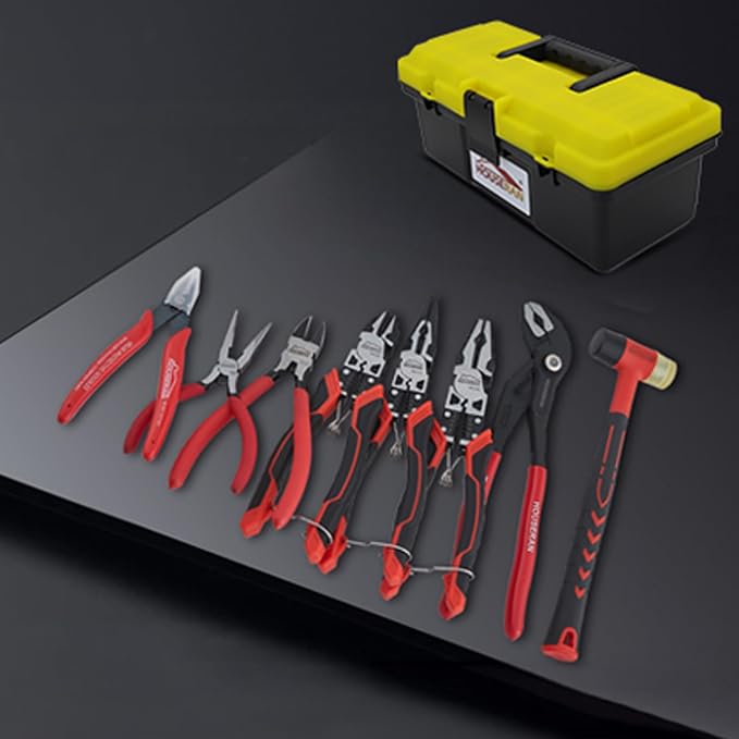 8 PCS Pliers Set with Case for DIY & Home Use | 10” Slip Joint, 8.3” Long Nose, 8.3” Linesman, 7.5” Diagonal, 6” Flush Cutter, 5” Long Nose, 5” Cutter, 25mm Rubber Mallet