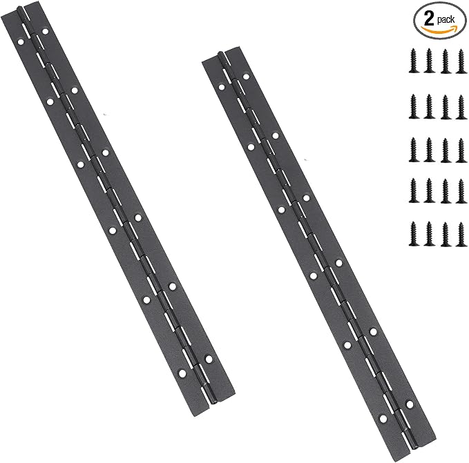 12 Inch Black Continuous Piano Hinges 2 Pack, Heavy Duty Stainless Steel Furniture Hinges 0.05" Thickness 1.2" Open Width with 24 Mounting Screws for Folding Cabinet Doors