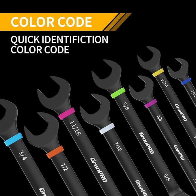GRENPRO 9PC SAE Ratcheting Wrench Set 5/16"-3/4" Long Combination Open End | Includes Bolt Gauge, Electro-Coated CR-V Steel, 72-Tooth 5Deg Swing 12Pt Color Rings, Roll Pouch For Auto & Home Repair