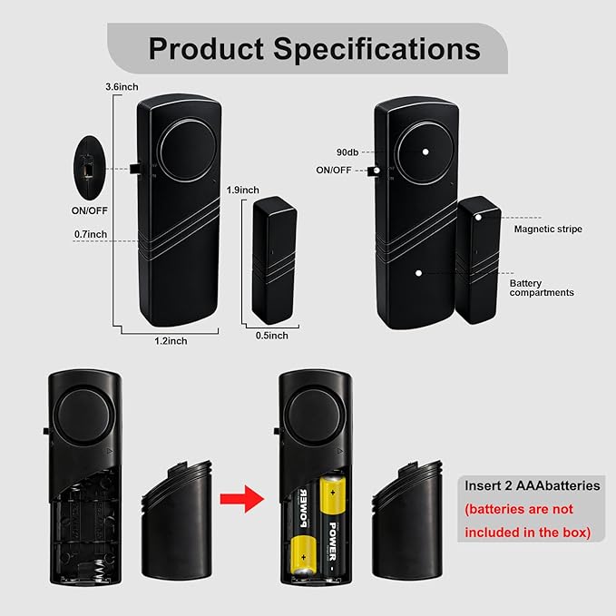 Door Window Alarm - 90dB Loud Home Security Sensor for Kids Safety, Burglar Alert for House, Apartment, Office, Hotel & Pool Window, Black (4 Pack)