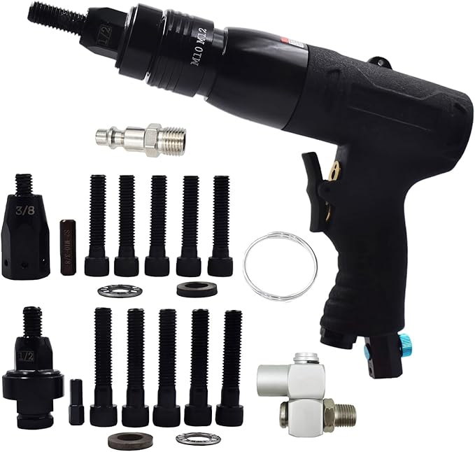 Pneumatic Rivet Nut Gun Air Rivet Nut Pull Setter Riveting Fastening Tool With 1/2 3/8 Riveting Mandrels Quick Change Locking Nozzle Bolts Adapter Drill For Air Rivet Nut Insert Installation Tool