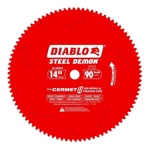 Diablo Steel Demon Cermet II Saw Blade for Thin Metal - 14" Diameter, 90 TCG Teeth, 1" Arbor, .083" Kerf, 0° Hook Angle, .0.71" Plate, 1800 Max RPM - D1490CF