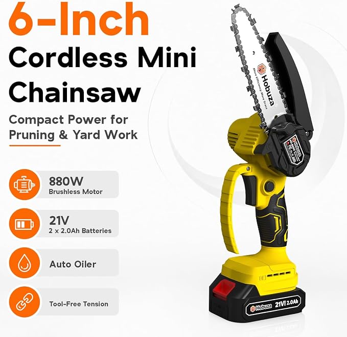 HOBUZA 6 Inch Brushless Mini Chainsaw, Lightweight One-Hand Saw for Pruning | 880W Brushless, Lightweight 1-Handed & Women-Friendly, 2x2.0Ah Batteries 4-6H Runtime, Auto Oiler, Safety Lock for Tree Work
