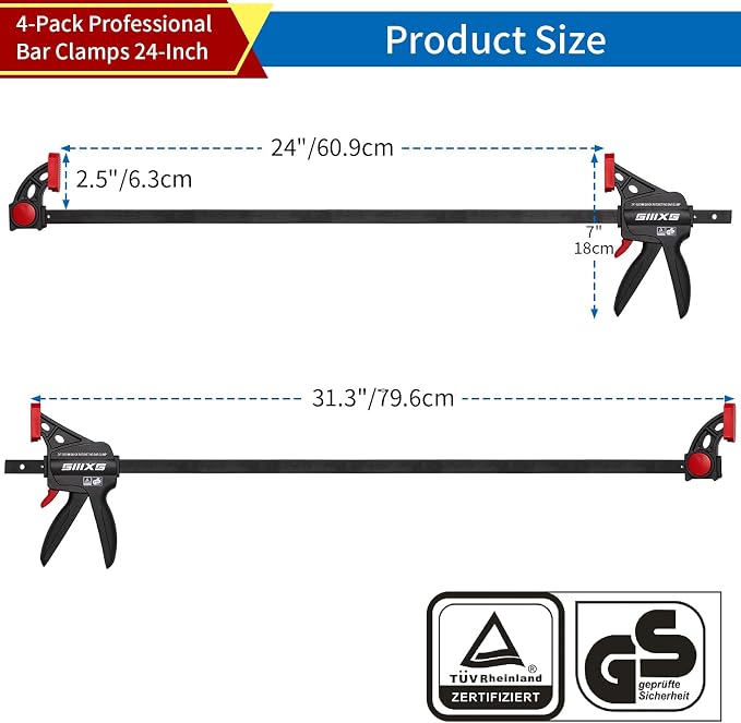 24" Bar Clamps for Woodworking, 4-Pack One-Handed Wood Clamps/Spreader, Quick-Release F Clamps Set, 177 lbs Load Limit with GS Certificate