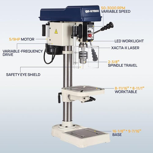 10-Inch Benchtop Drill Press- Variable Speed 50-3000 RPM,Bench Drill Press Cast Iron Table & Base, 6.2-Amp Drill Presses With Laser And LED Work Light ，0.4 kW Variable Frequency Drive (white)