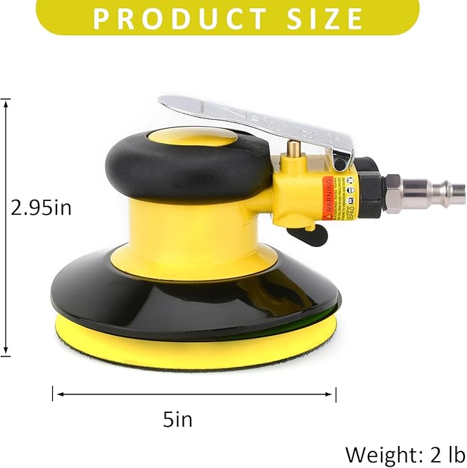 Professional Air Random Orbital Palm Sander, Dual Action Pneumatic Sander, Low Vibration, Heavy Duty … (5-inch Yellow)