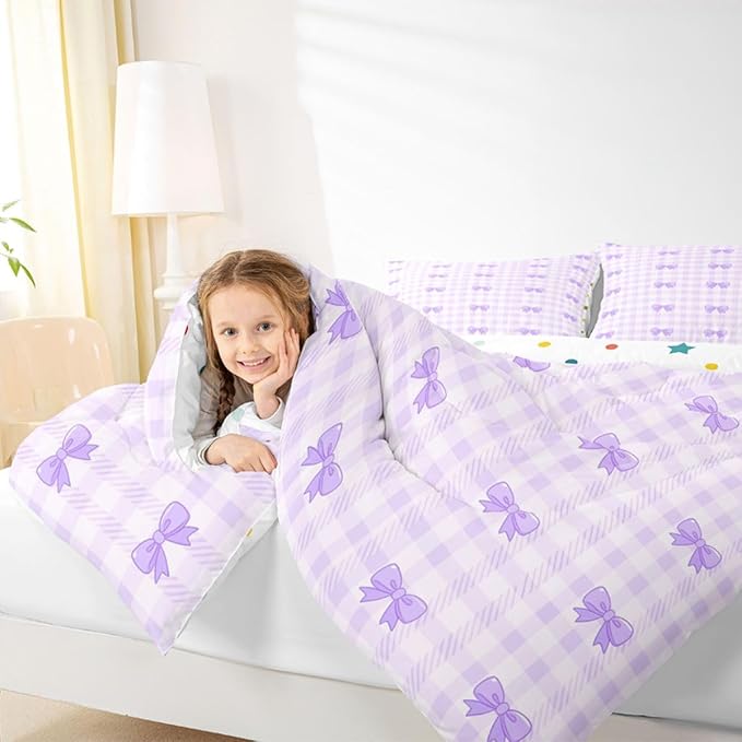 Feelyou Purple Bow Checkered Kids Comforter Set Full Size Chic Grid Bowknot Bedding Set Girly Duvet Quilt for Kids Boys Girls Bedroom Decor Microfiber Ultra Soft Breathable