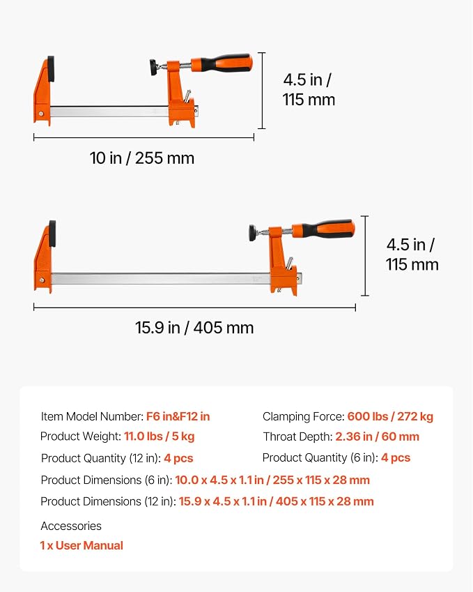 VEVOR Bar Clamps for Woodworking, 8-Pack, 6" and 12" F Clamps, 600 lbs Load Limit, with Plastic Pad and Self-Locking Design, Malleable Iron and Carbon Steel, for Wood Working and Metal Working
