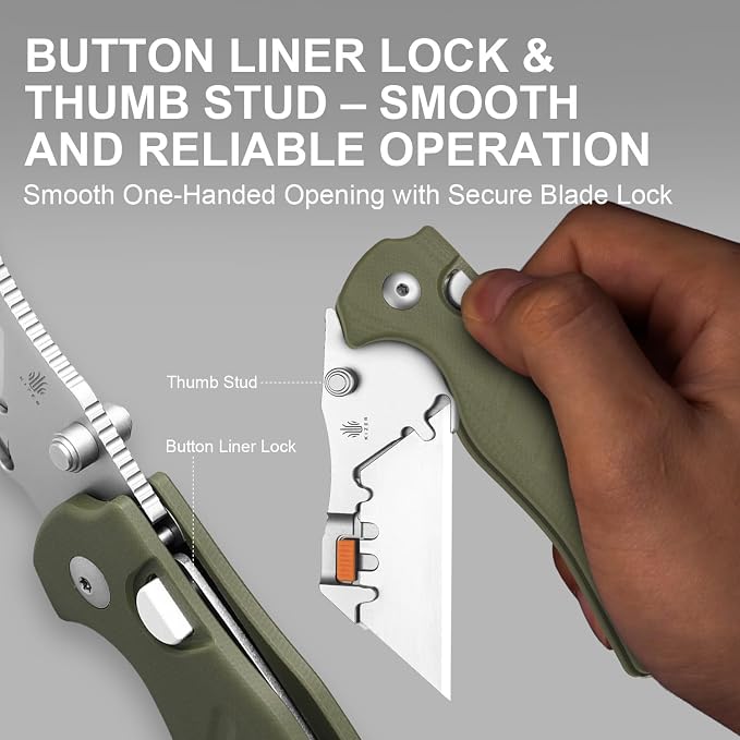 Kizer C01C Uti 2 (Tool-Free Version) Utility Knife, Button Liner Lock Box Cutter Pocket Knife with 5PCS Razor Blades, Thumb Stud Folding Knives with Green G10 Handle for Men Women V3488.29JNM1