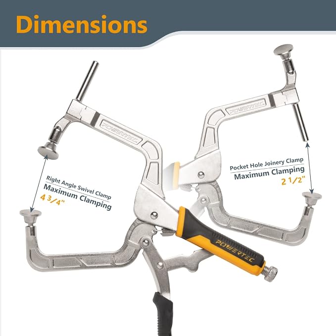 POWERTEC 2 Way Pocket Hole Clamp, Quick Release 12” Right Angle Clamp for Pocket Hole Joinery, Vise Grip Clamps w/Ergonomic Grip & Swivel Pad, Clamps for Woodworking, DIY, Drawer Making-2PCs (71745V)