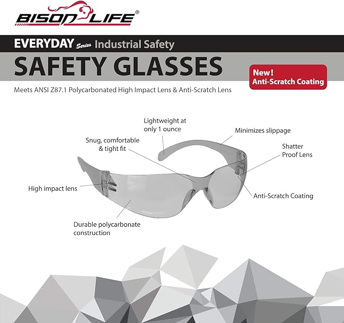 BISON LIFE Clear Safety Glasses – ANSI Z87.1 Scratch & Impact Resistant Wrap Around Eye Protection Goggles for Men & Women
