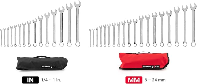 TEKTON Combination Wrench Set, 34-Piece | WCB94302 | (1/4 - 1 in., 6 - 24 mm), Wrench Roll, Chrome Finish
