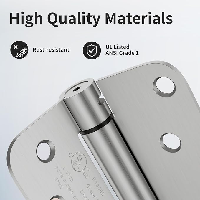 2 Pack Self Closing Door Hinges, 4 Inch Spring Loaded Door Hinges with 5/8'' Radius Corners, Adjustable Tension for Garage, Front, Back Door, UL Listed, Left and Right Hand, Brushed Nickel