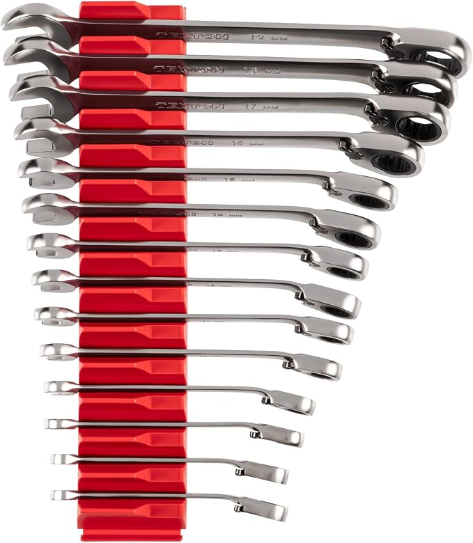 TEKTON Reversible Ratcheting Combination Wrench Set, 14-Piece | WRC94302 | (6 - 19 mm), 12-Point, Satin Chrome Finish, Modular Organizer