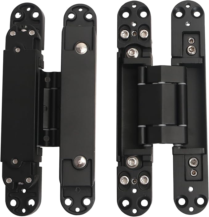 4-Pack 7 inch Black Hidden Door Hinges, Heavy Duty Zinc Alloy Concealed Hinges, Invisible 180 Degree Swing Hinge, 3 Way Adjustable Butt Hinge