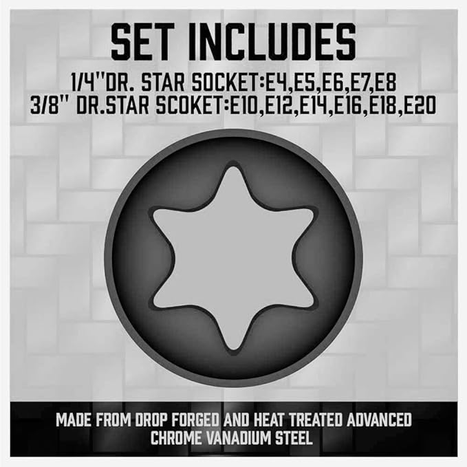 SEDY 11-Piece E-Torx Socket Set - Star Sockets Set with Socket Rail, External Torx Socket with Organizer, External Socket-Set, E4 E5 E6 E7 E8 E10 E12 E14 E16 E18 E20 Reverse Sockets Set