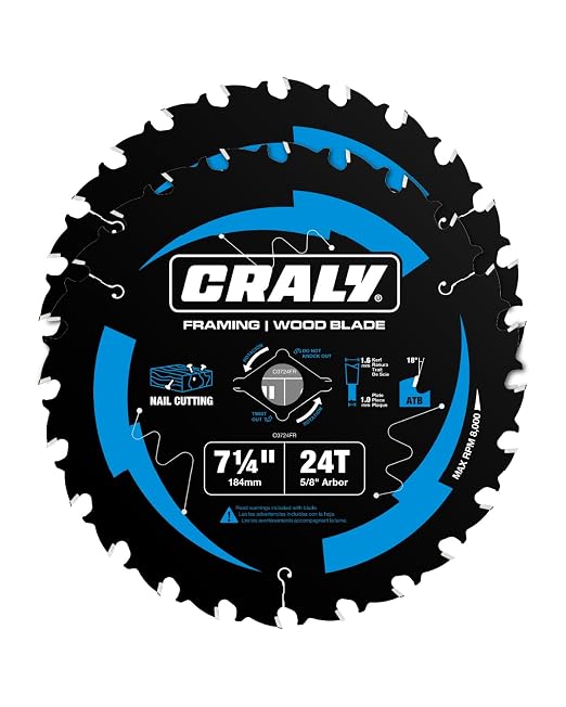CRALY 7-1/4 Inch 24 Teeth Wood Cutting Framing Circular Saw Blade, 5/8 Inch Arbor, Carbide Tipped, Thin Kerf, Black Ice™, for Plywood, MDF, OSB, Laminated, 2-Pack(C0724FR-2)