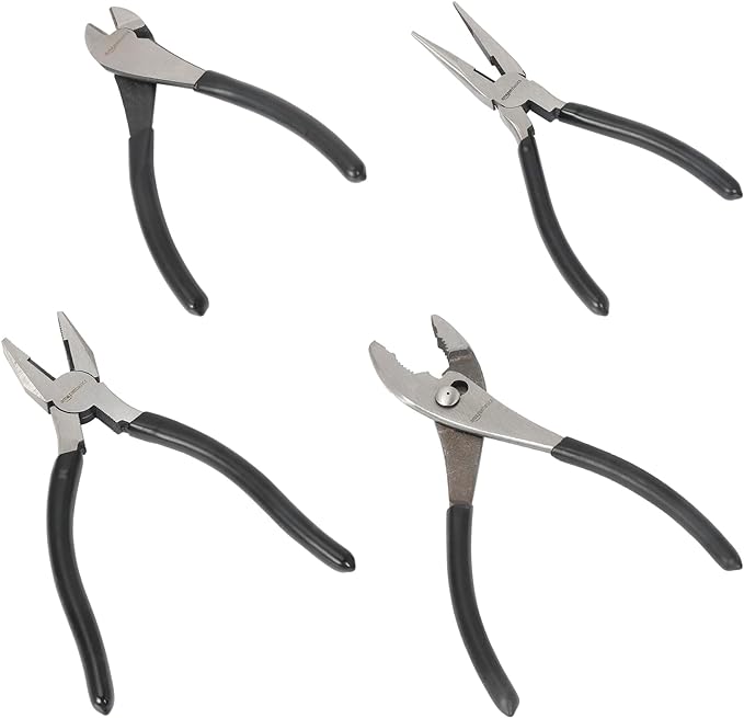 Amazon Basics Pliers Set, Hand Tools for Precision, Cutting Wire Cutter with Needle Nose and Diagonal, Quality Tool Set for Home Maintenance, Set of 4, Black and Silver