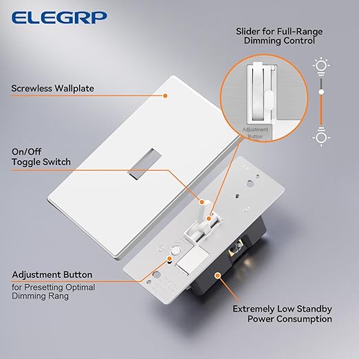 ELEGRP Digital Dimmer Switch for LED/CFL, Toggle Dimmer Switch with Decorative Frameless Design Wallplate, Single Pole/3-Way, UL Listed, 1 Pack, White