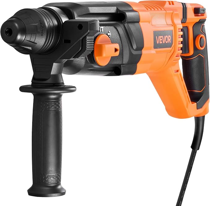 VEVOR Rotary Hammer Drill, 1-1/8 in SDS-Plus Electric Corded Heavy Duty Rotary Hammer, 4 Functions, Including 3 Drill Bits, Flat Chisel, Pointed Chisel, and Carrying Case, for Concrete and Masonry