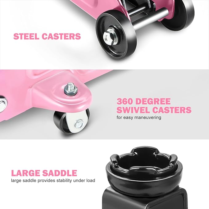 DNA Motoring Low Profile Hydraulic Trolley Service/Floor Jack, 2 Ton (4000 lbs) Capacity, Lifting Range 5.1"-13", Pink, TOOLS-00474-PK