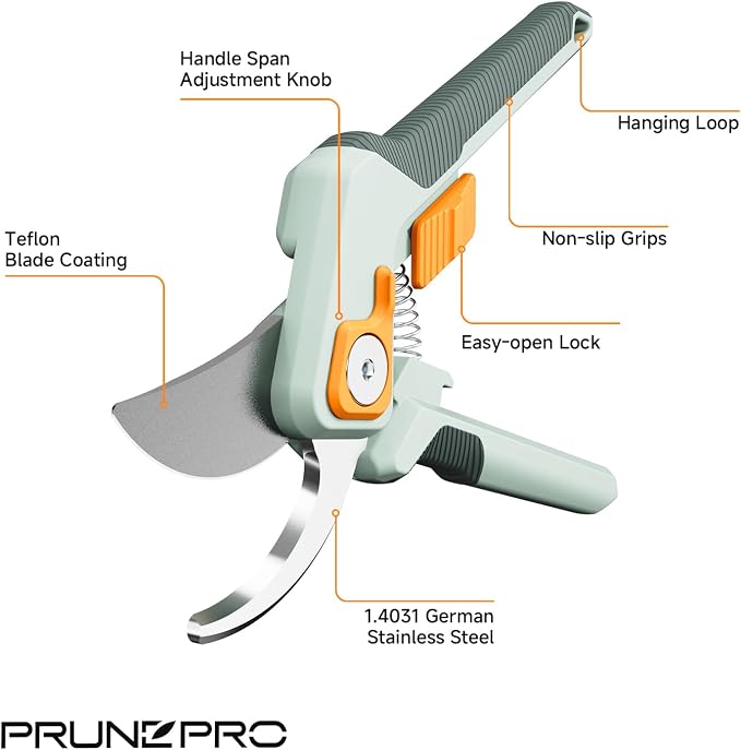 PrunePro Pruning Shears for Gardening - 8" Professional Bypass Hand Pruner Up to 1 Inch Cut Capacity Sharp Stainless Steel Blade Garden Scissors Plant Flower Garden Clipper 1 Pack