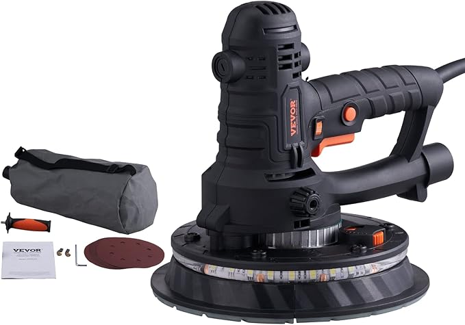 VEVOR Drywall Sander, 800W Electric Sander with 12 Sanding Discs, Variable Speed 1200-2300 RPM Wall Sander with Automatic Vacuum Dust Collection System, Double LED Lights, Dust Bag, Detachable Edge