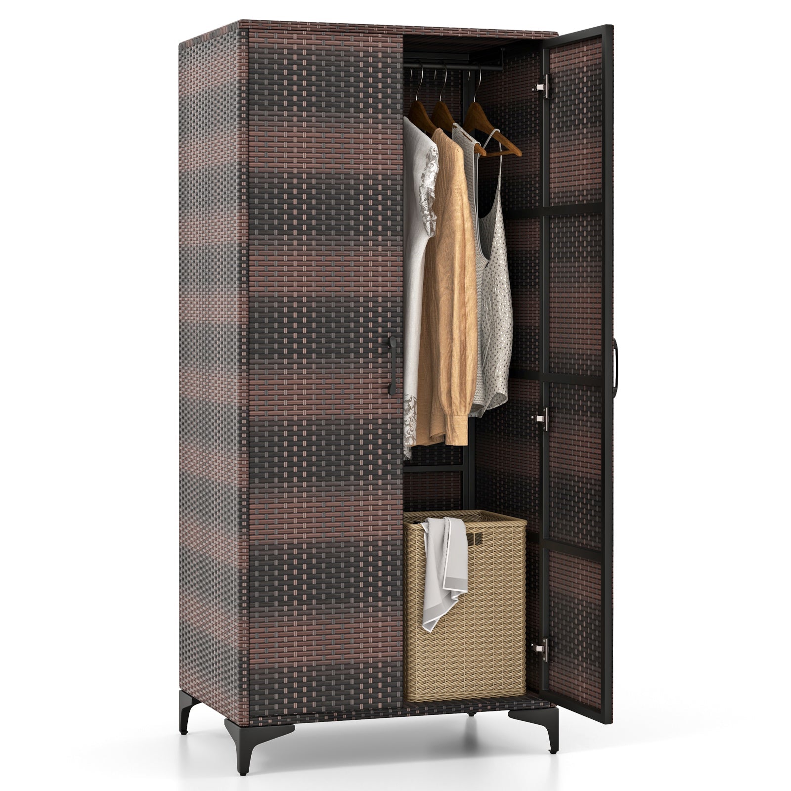 62 Inch Wicker Wardrobe with 2 Doors PE Rattan Closet with Hanging Rod