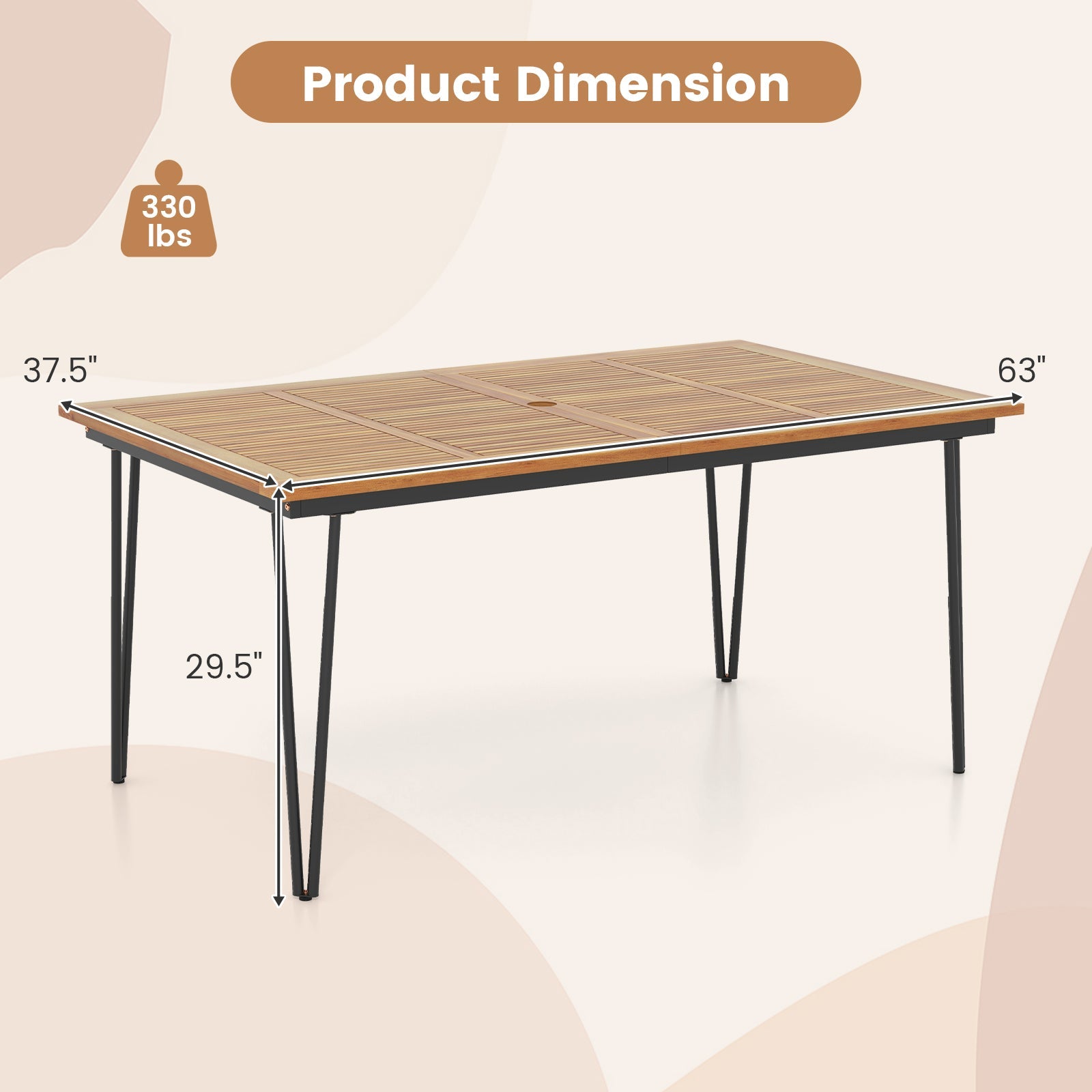 63 Inch Rectangular Outdoor Dining Table for 6 People with Acacia Wood Tabletop and Umbrella Hole