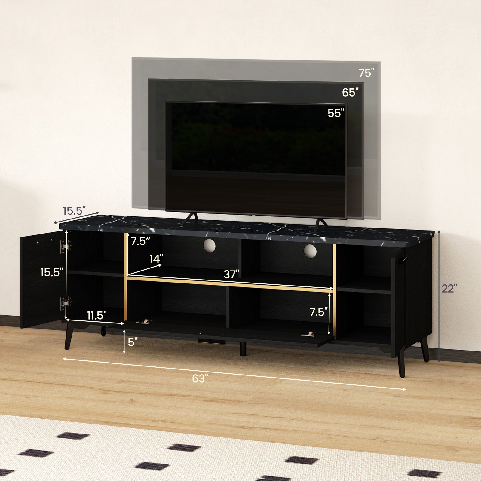 63 Inch TV Stand with Flip Door Cabinet for TVs up to 75 Inch-Black