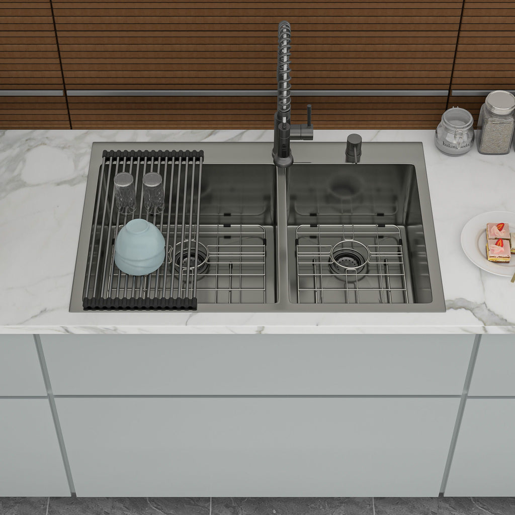 Double Bowl Drop-In Sink With 2 - 9" Deep Basins - Gunmetal Black