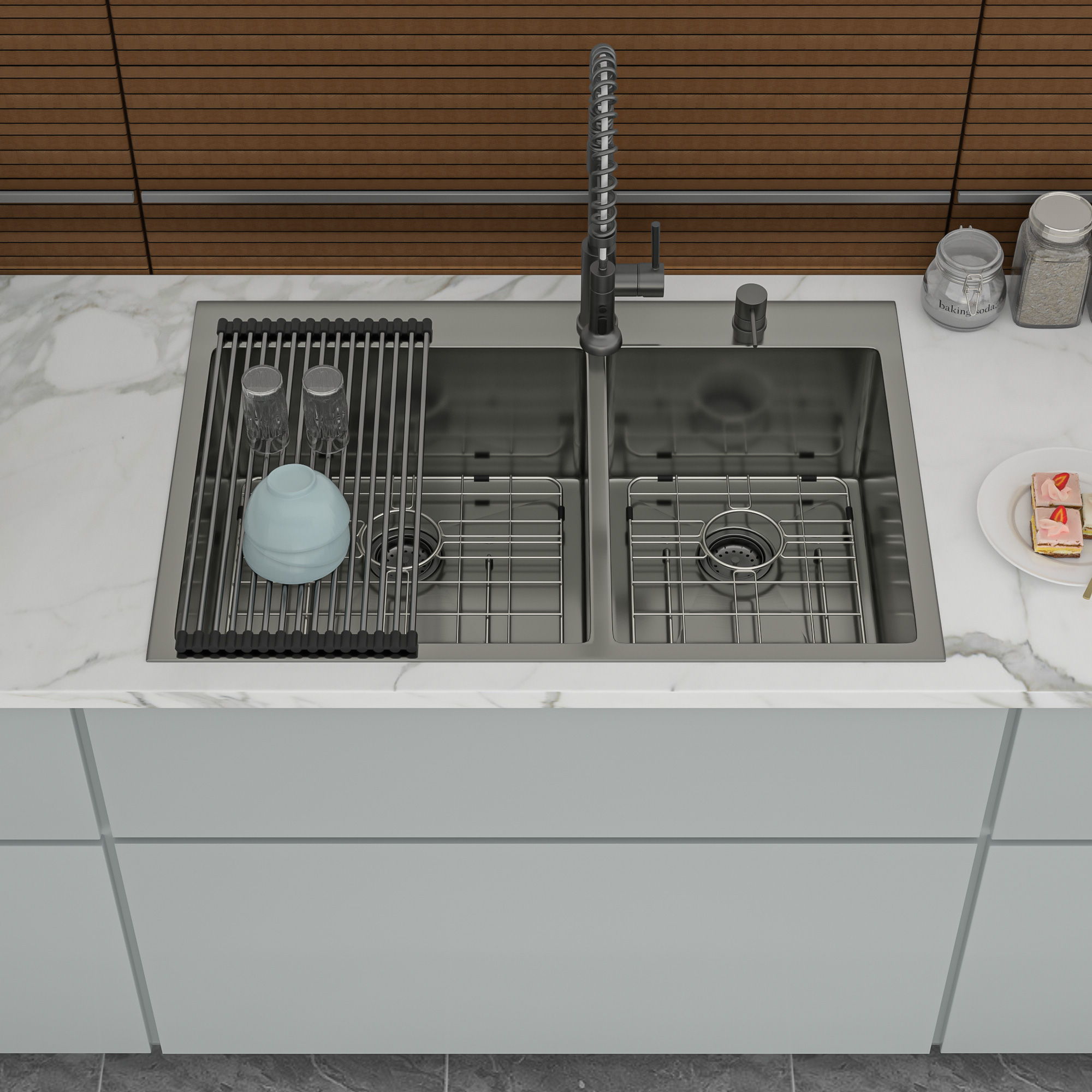 Double Bowl Drop-In Sink With 2 - 9" Deep Basins - Gunmetal Black