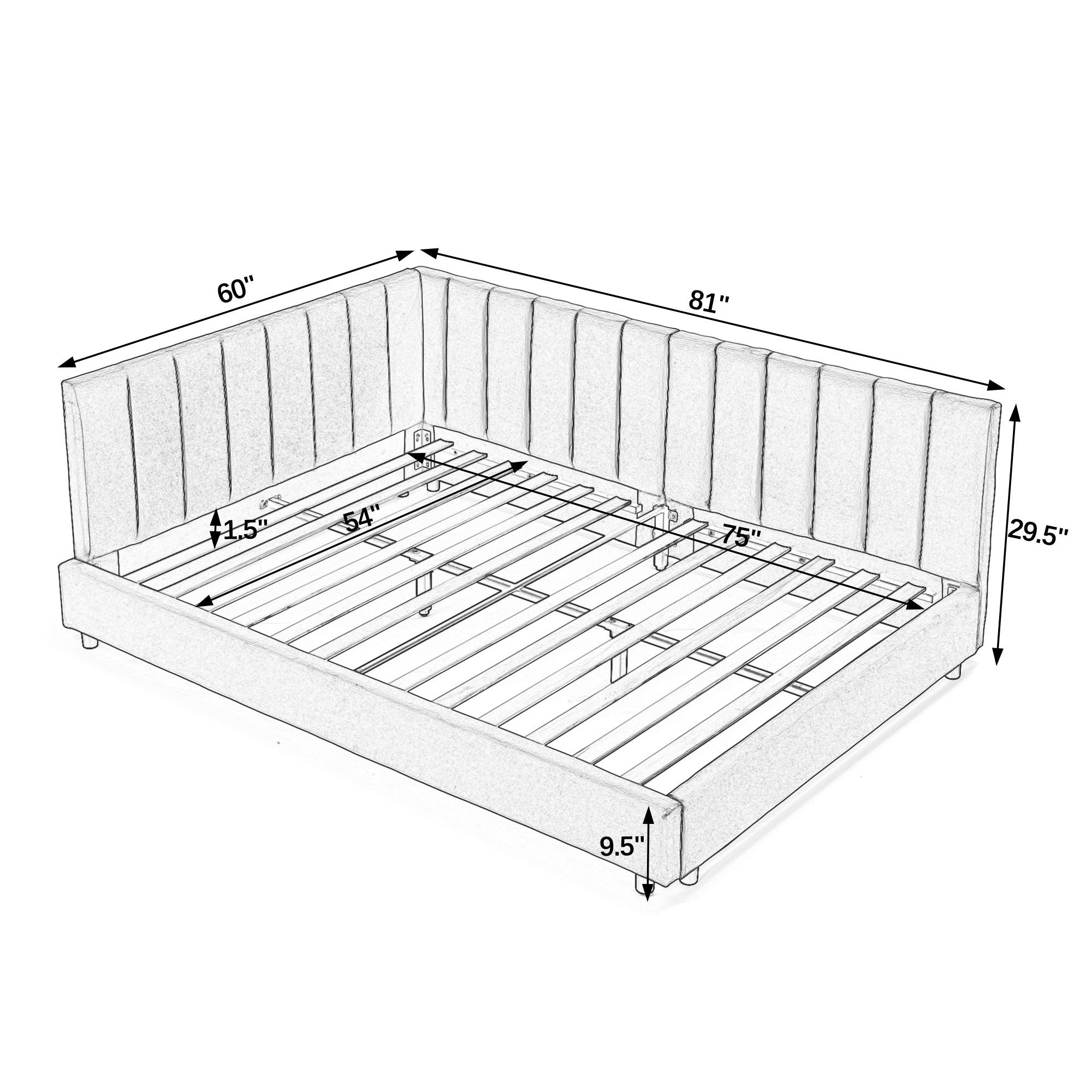 Mid-Century Upholstered Tufted Bed Frame with Backrest and Armrests