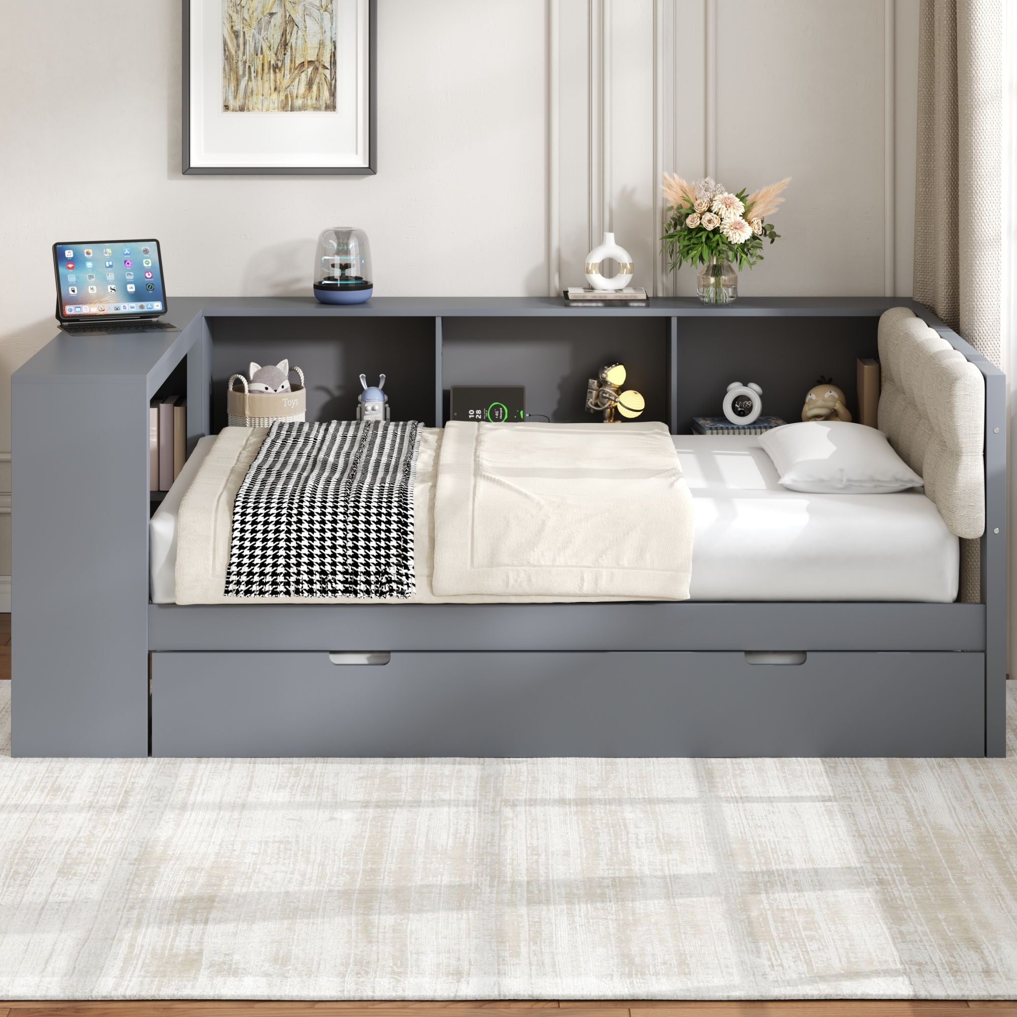 Upholstered Headboard Platform Bed with Storage Shelves, Trundle, and Charging Station