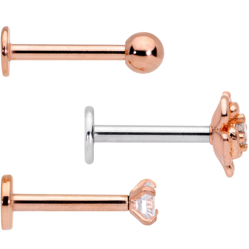 16G 5/16 Clear Gem Flower Internally Threaded Labret Set of 3