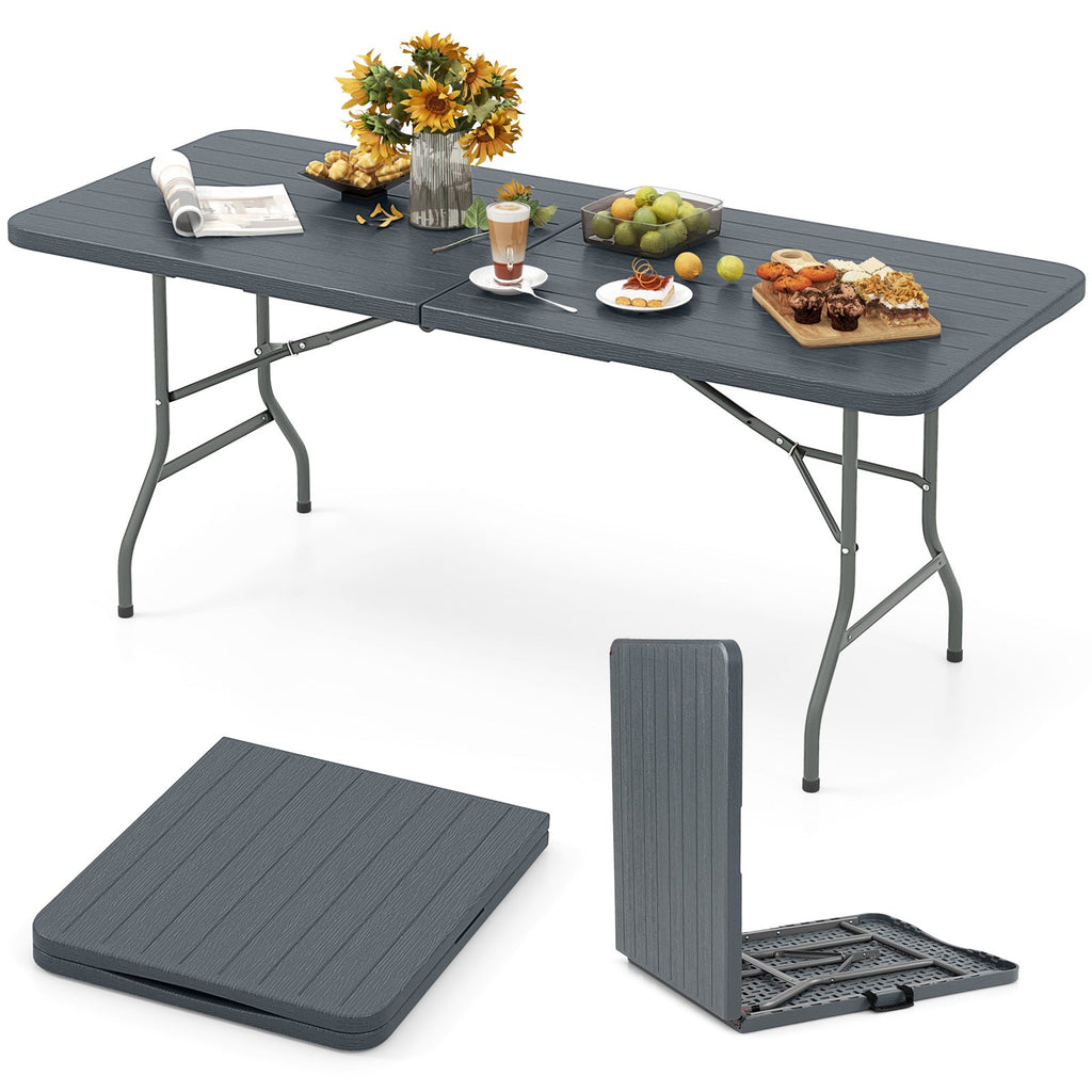 6 Feet Folding Table with Wood Grain HDPE Tabletop and Safe Lock Mechanism