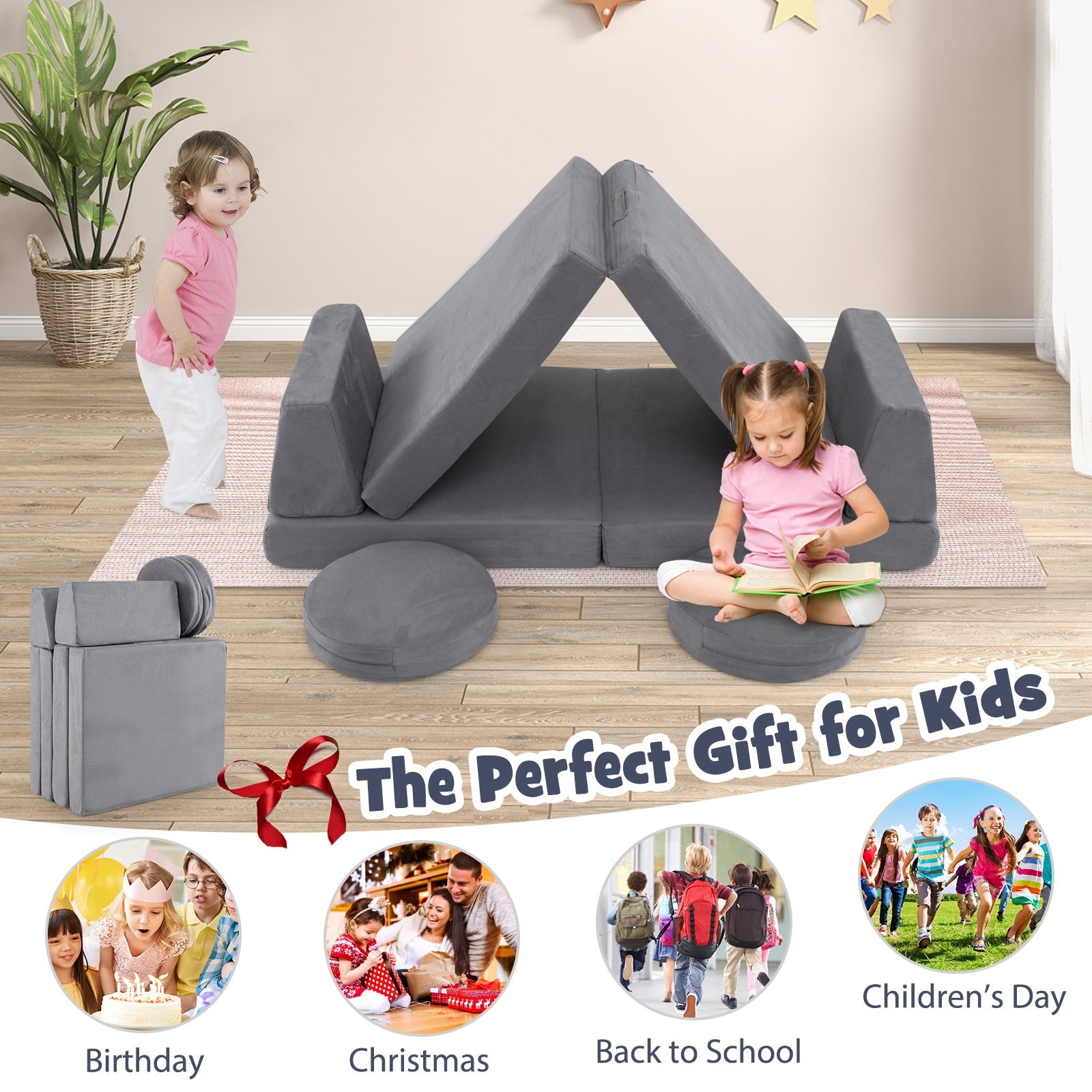 6 Pieces Modular Kids Play Couch Set with Washable Covers for Living Room Playroom-Gray